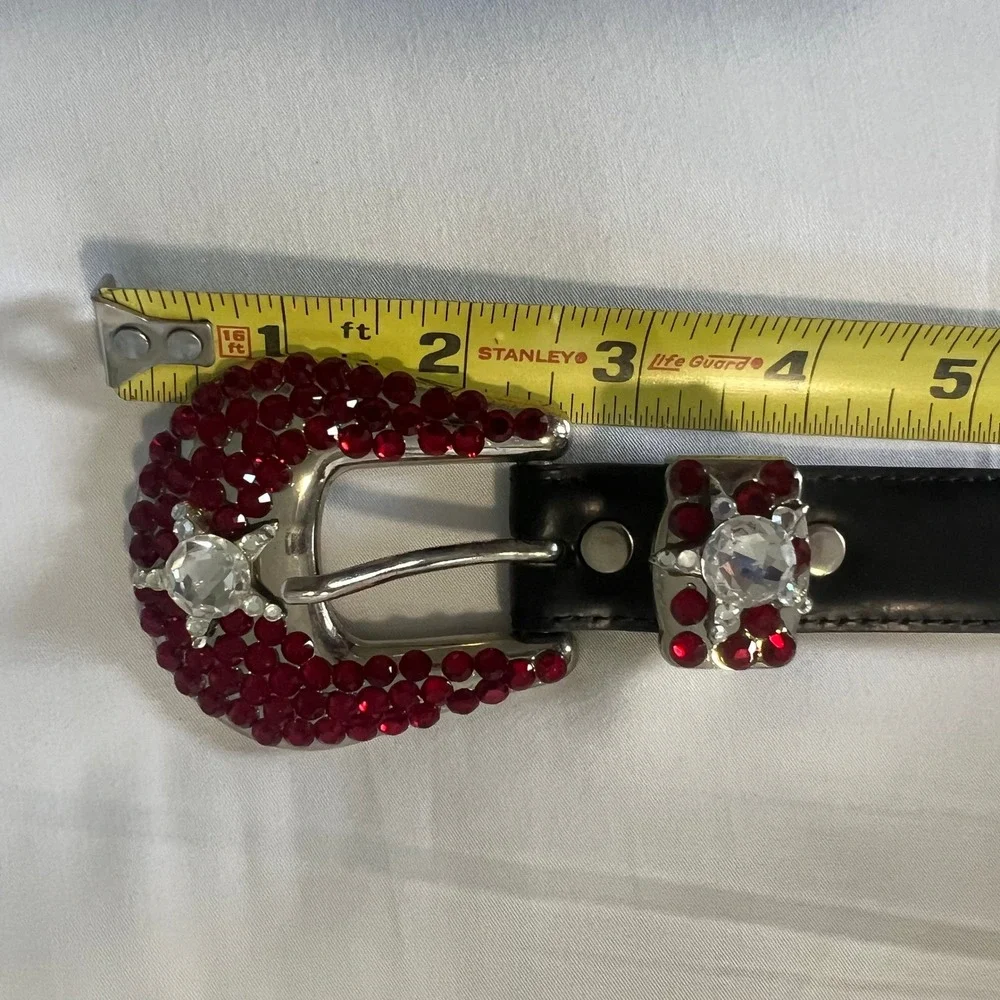 Simon‎ Italy Black Leather Red Rhinestone Western Glam Belt XL Crystal Star rock